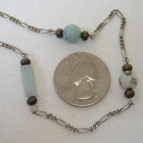 Green Stone Beaded Silver Metal Chain Necklace New - Picture 7 of 7